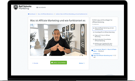 Der KI-Affiliate-Meisterkurs von Ralf Schmitz 🌟 Über 8 Stunden Videos, 10 Lektionen warten auf Dich. Plus, ein Erfolgs-Mindset gratis! Schnapp Dir jetzt Deinen Platz!